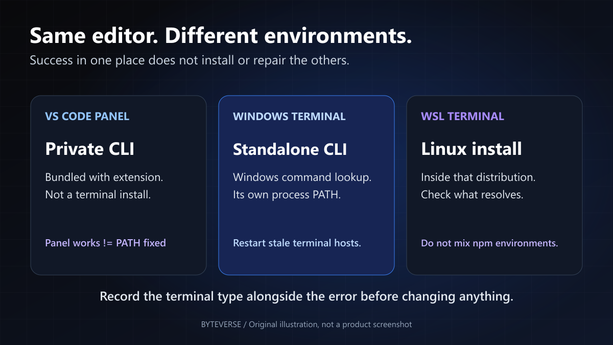 One editor can host three different execution contexts; success in one does not validate the others. Separate lanes for the Claude Code extension panel, Windows terminal CLI and a WSL Linux terminal